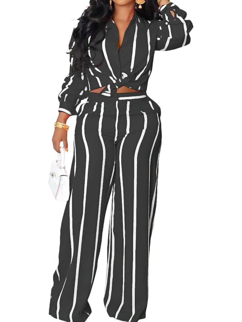 Chic Women's Two-Piece Striped Outfit Set | Button-Down Shirt & Pants Combo